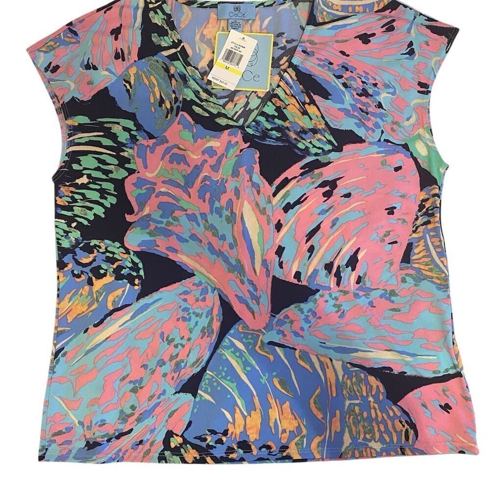 CeCe Women's V-Neck Tee Multicolor Geometric Size M